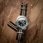 time+ Ribbed Nylon Military Watch Strap / Black, Beige & Red Stripe - Brushed