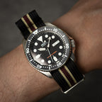 time+ Ribbed Nylon Military Watch Strap / Black, Beige & Red Stripe - Brushed
