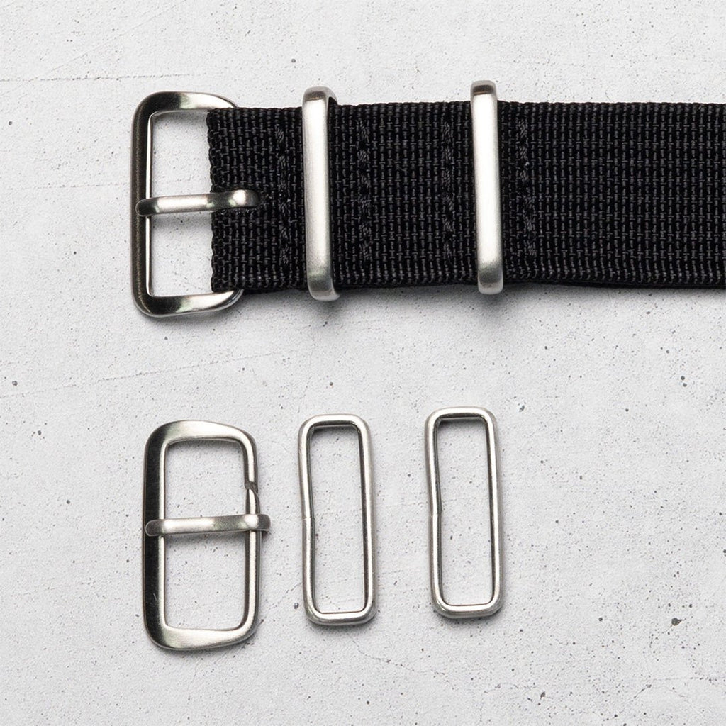 time+ Ribbed Nylon Military Watch Strap Black, Brushed Hardware