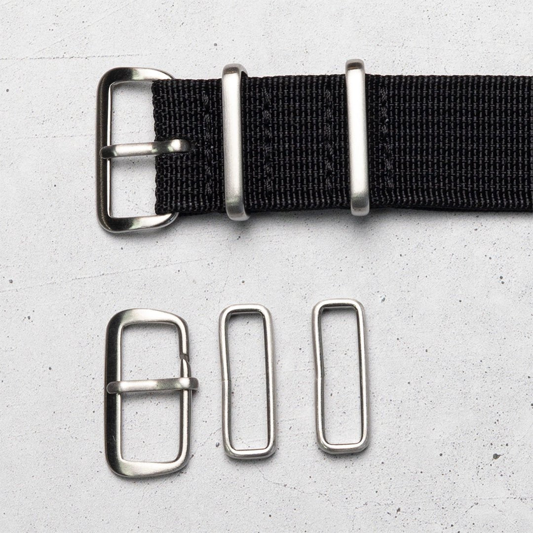 time+ Ribbed Nylon Military Watch Strap Black, Brushed Hardware