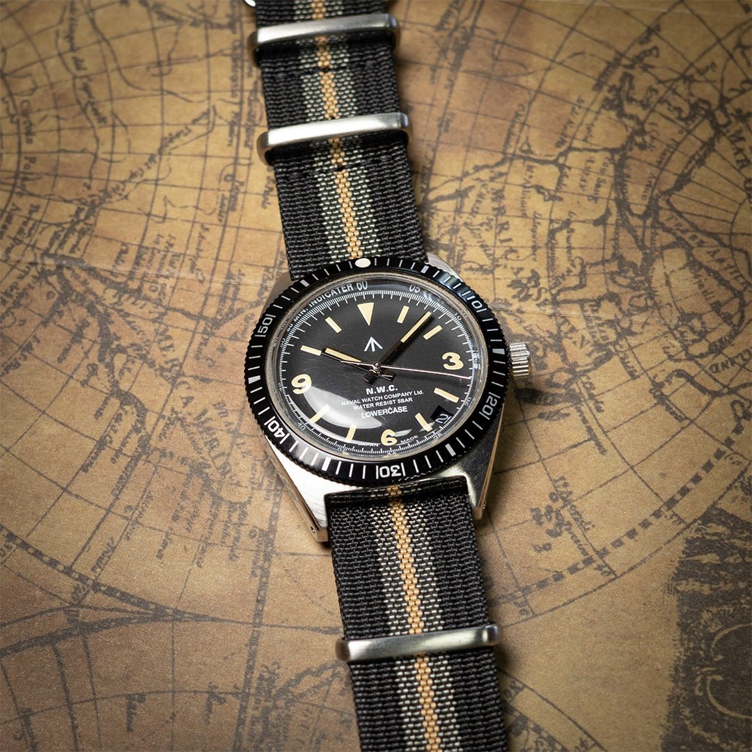 time+ Ribbed Nylon Military Watch Strap / Black, Grey & Beige Stripe - Brushed