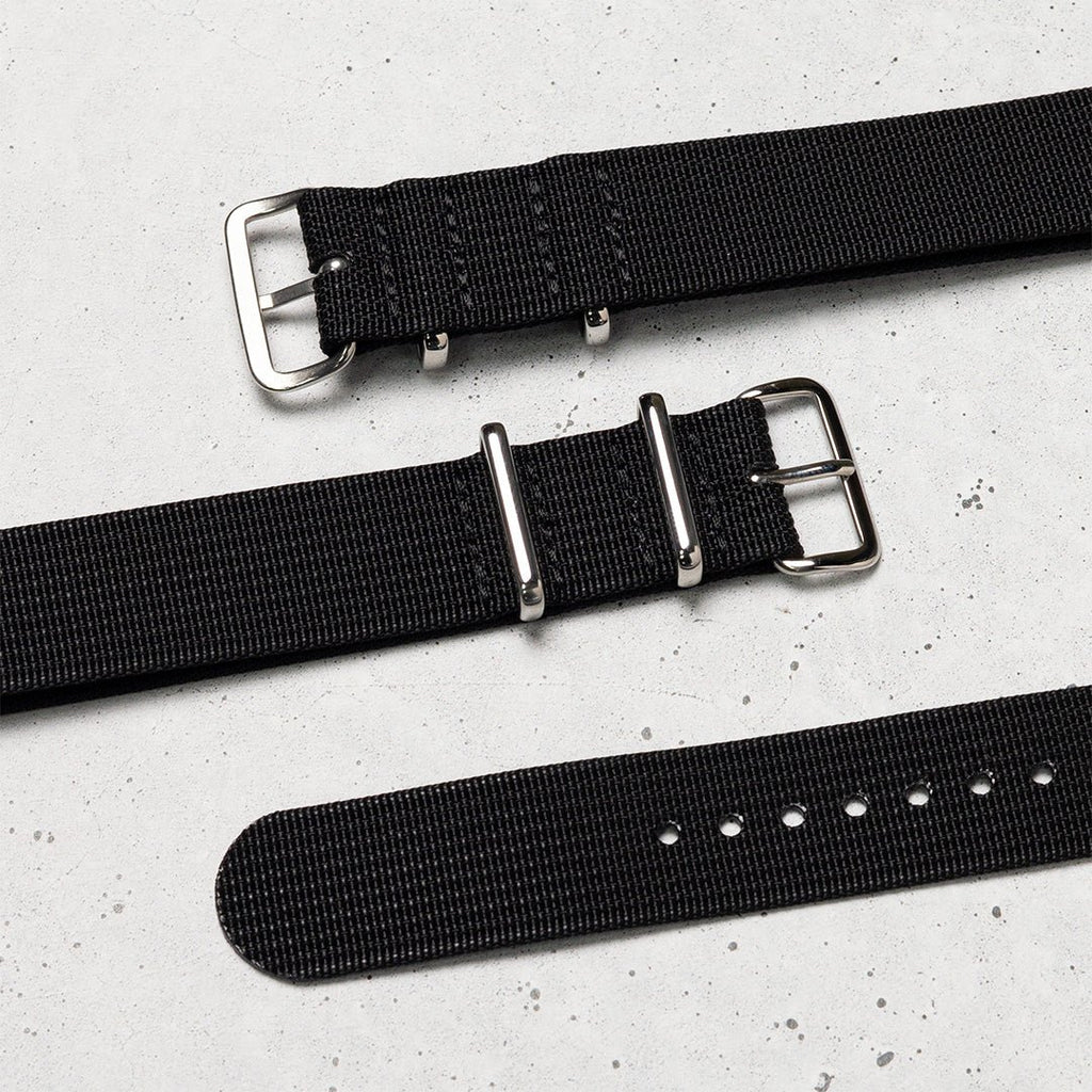 time+ Ribbed Nylon Military Watch Strap / Black - Polished