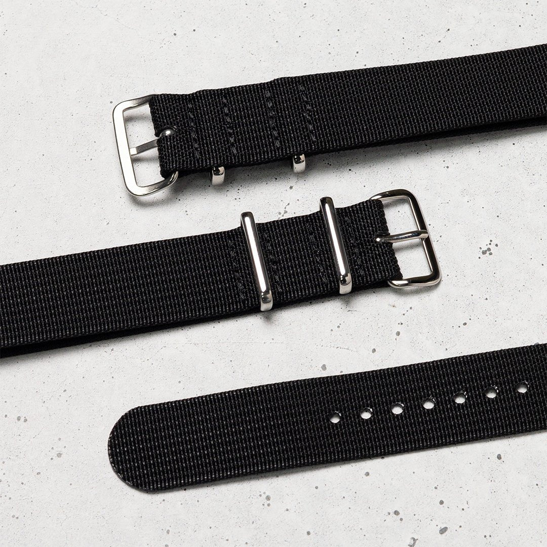 time+ Ribbed Nylon Military Watch Strap / Black - Polished