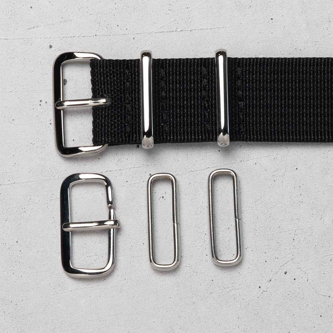 time+ Ribbed Nylon Military Watch Strap / Black - Polished, Harware