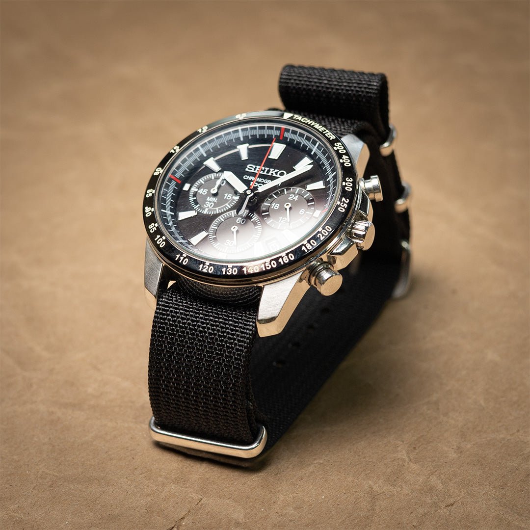 time+ Ribbed Nylon Military Watch Strap / Black - Polished