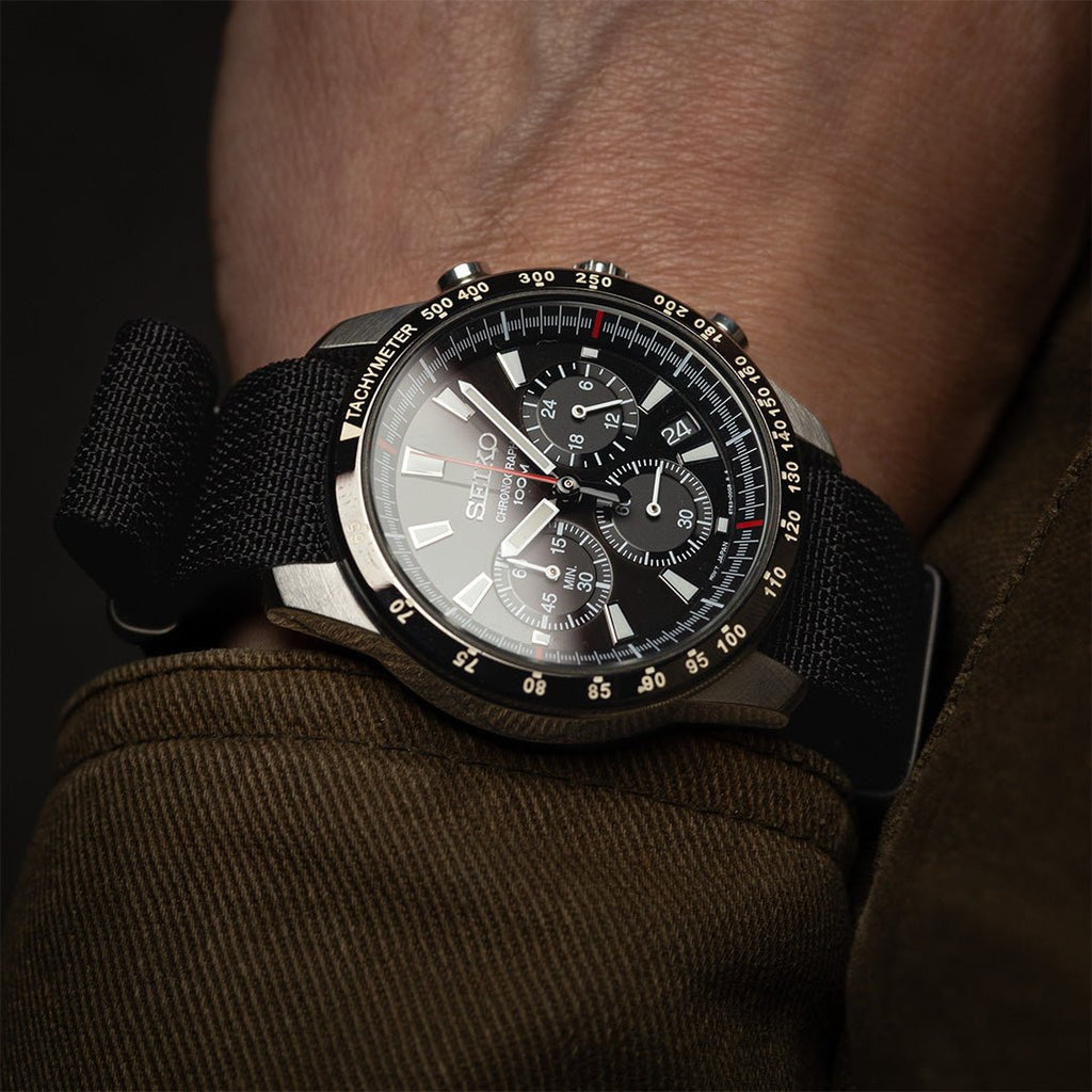 time+ Ribbed Nylon Military Watch Strap Black - Matte Black on SEIKO Chrono