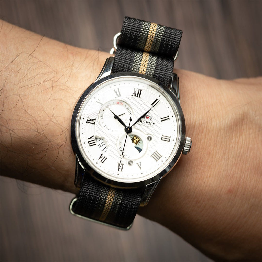 time+ Ribbed Nylon Military Watch Strap / Black, Grey & Beige Stripe - Brushed
