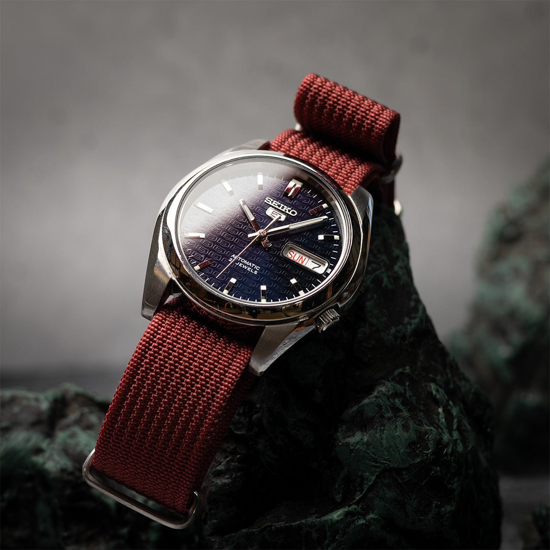 time+ Ribbed Nylon Military Watch Strap Burgundy on SEIKO5