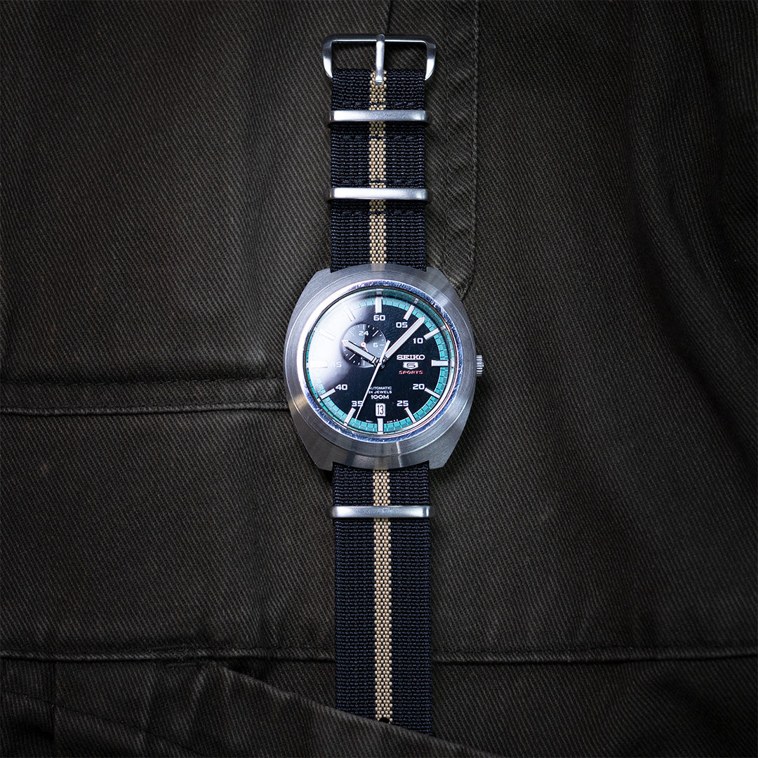 time+ Ribbed Nylon Military Watch Strap Black & Beige