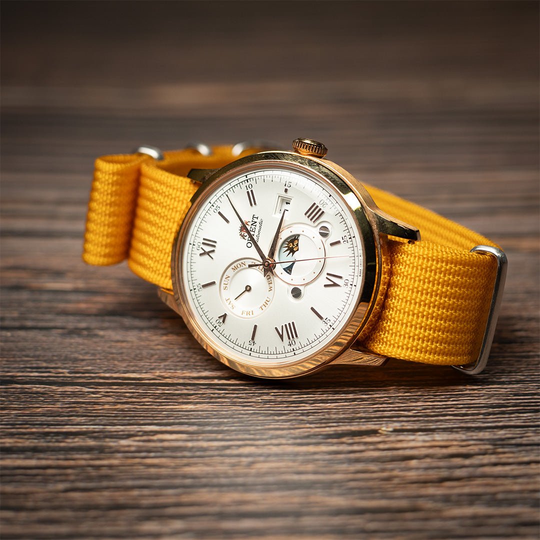 time+ Ribbed Nylon Military Watch Strap / Mustard Yellow - Brushed