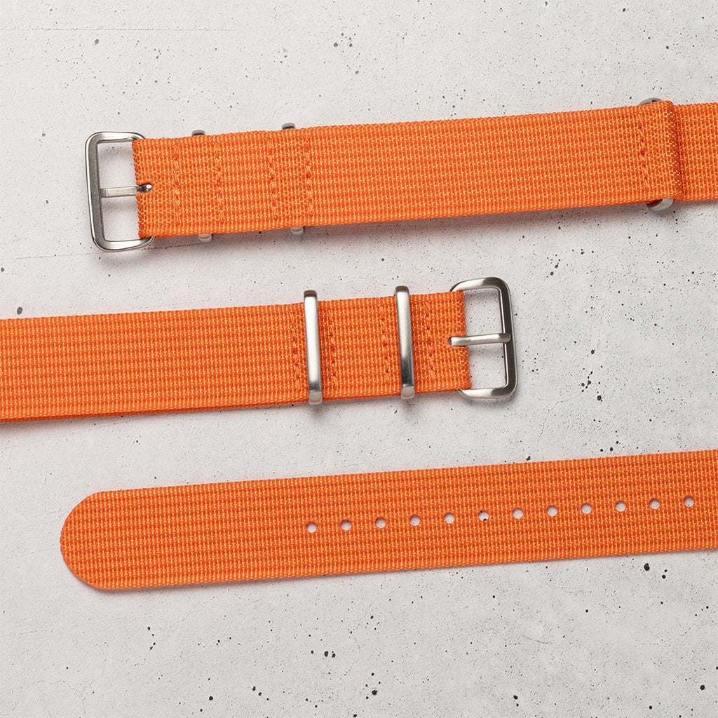 time+ Ribbed Nylon Military Watch Strap / Orange - Brushed, Flat