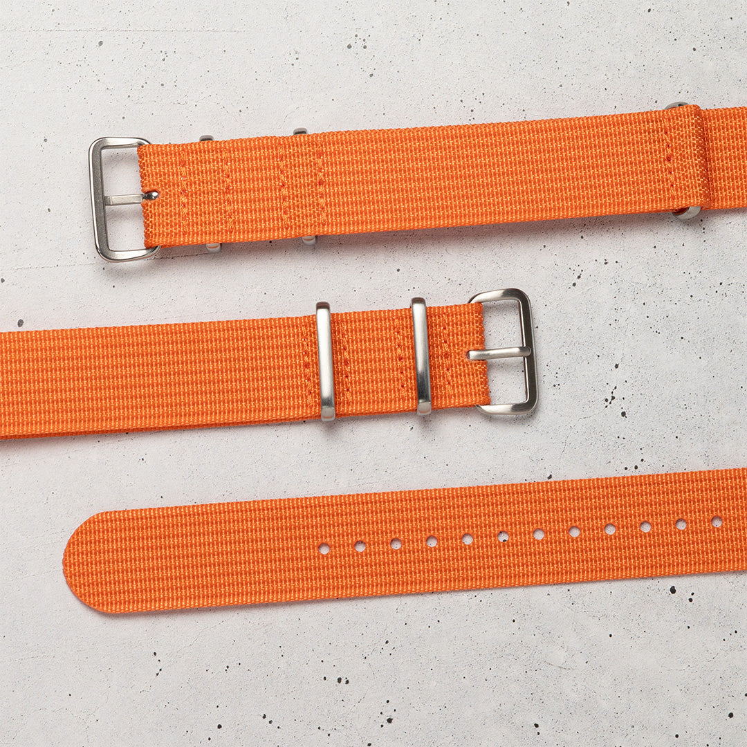 time+ Ribbed Nylon Military Watch Strap / Orange - Brushed, Flat