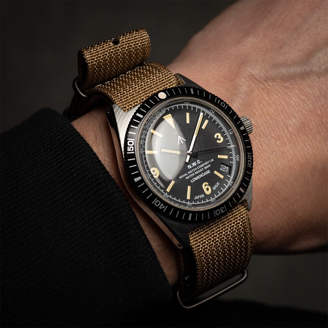 time+ Ribbed Nylon Military Watch Strap Khaki - Matte Black on Naval Watch