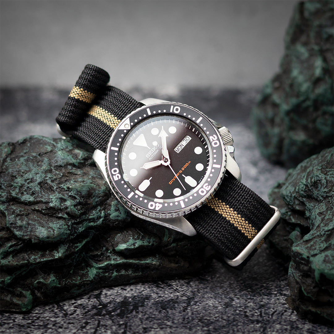 time+ Ribbed Nylon Military Watch Strap Black & Beige