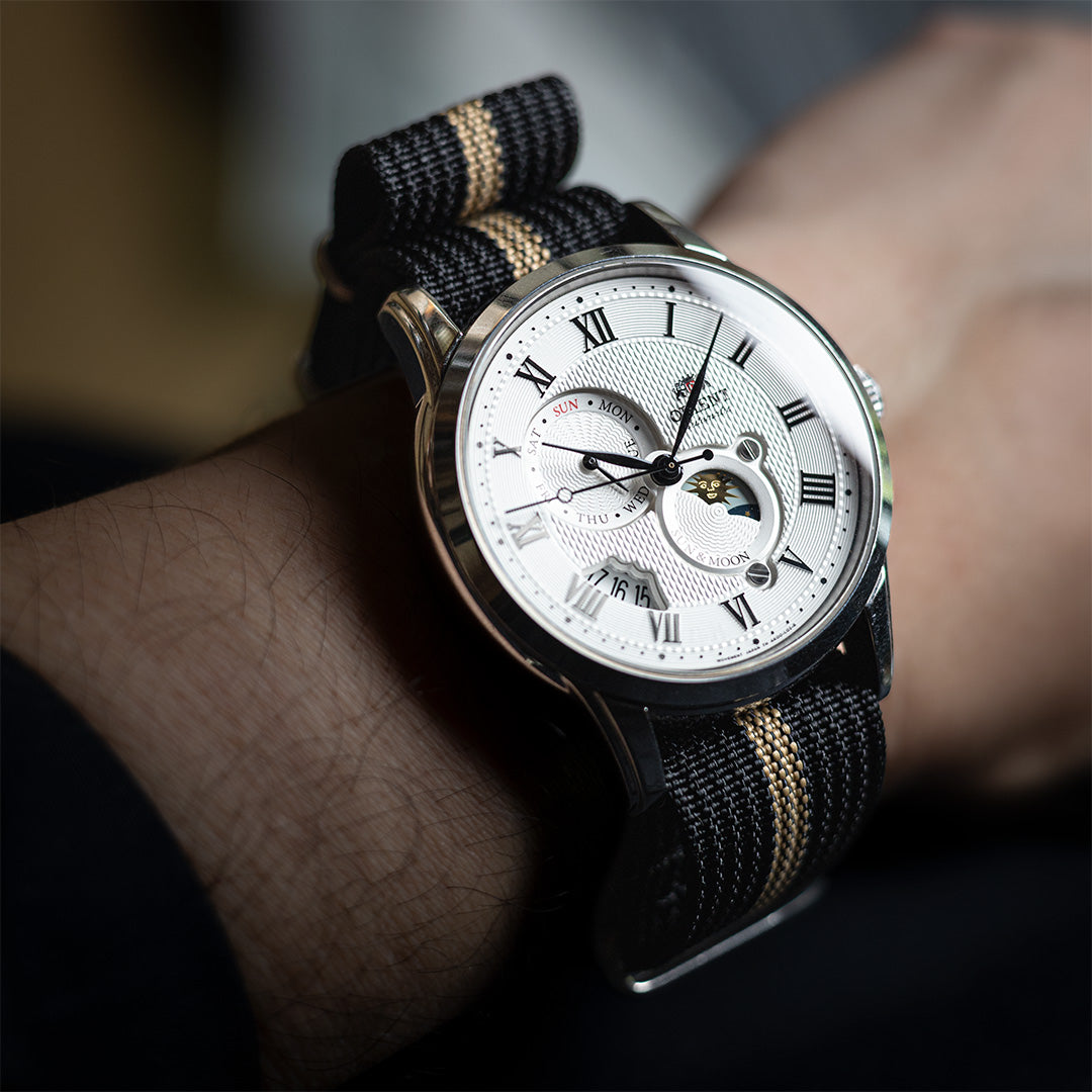 time+ Ribbed Nylon Military Watch Strap Black & Beige