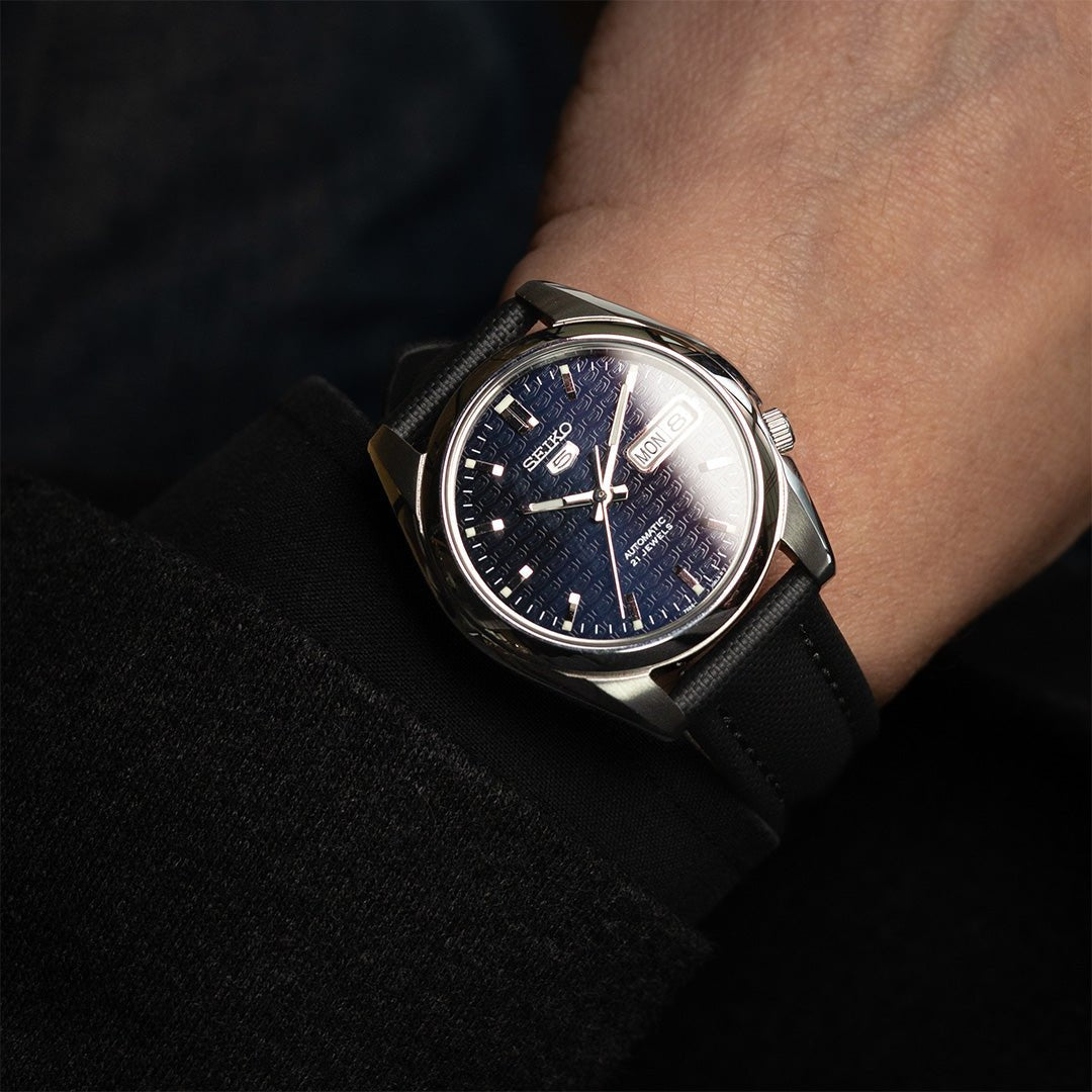 time+ Sailcloth Quick Release Watch Strap Black & Black on SEIKO 5