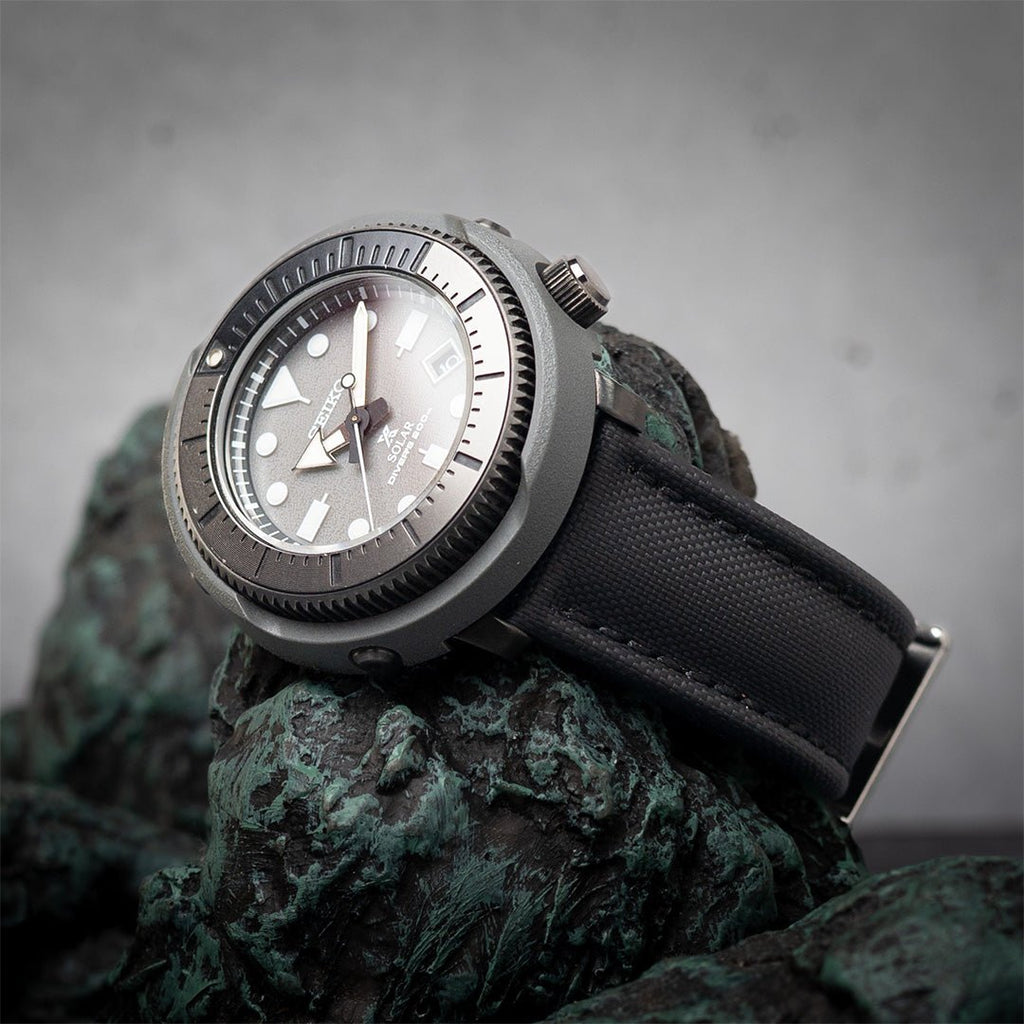 time+ Sailcloth Quick Release Watch Strap Black & Black on SEIKO TUNA