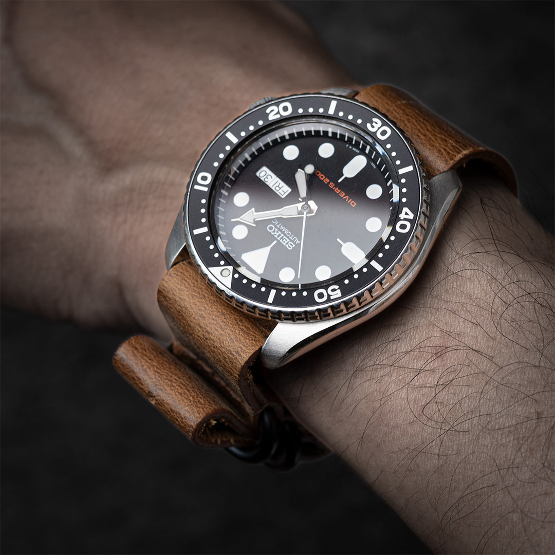 time+  3-ring ヴィンテージレザー ストラップ腕時計ベルト ミリタリーバンド ブラウン