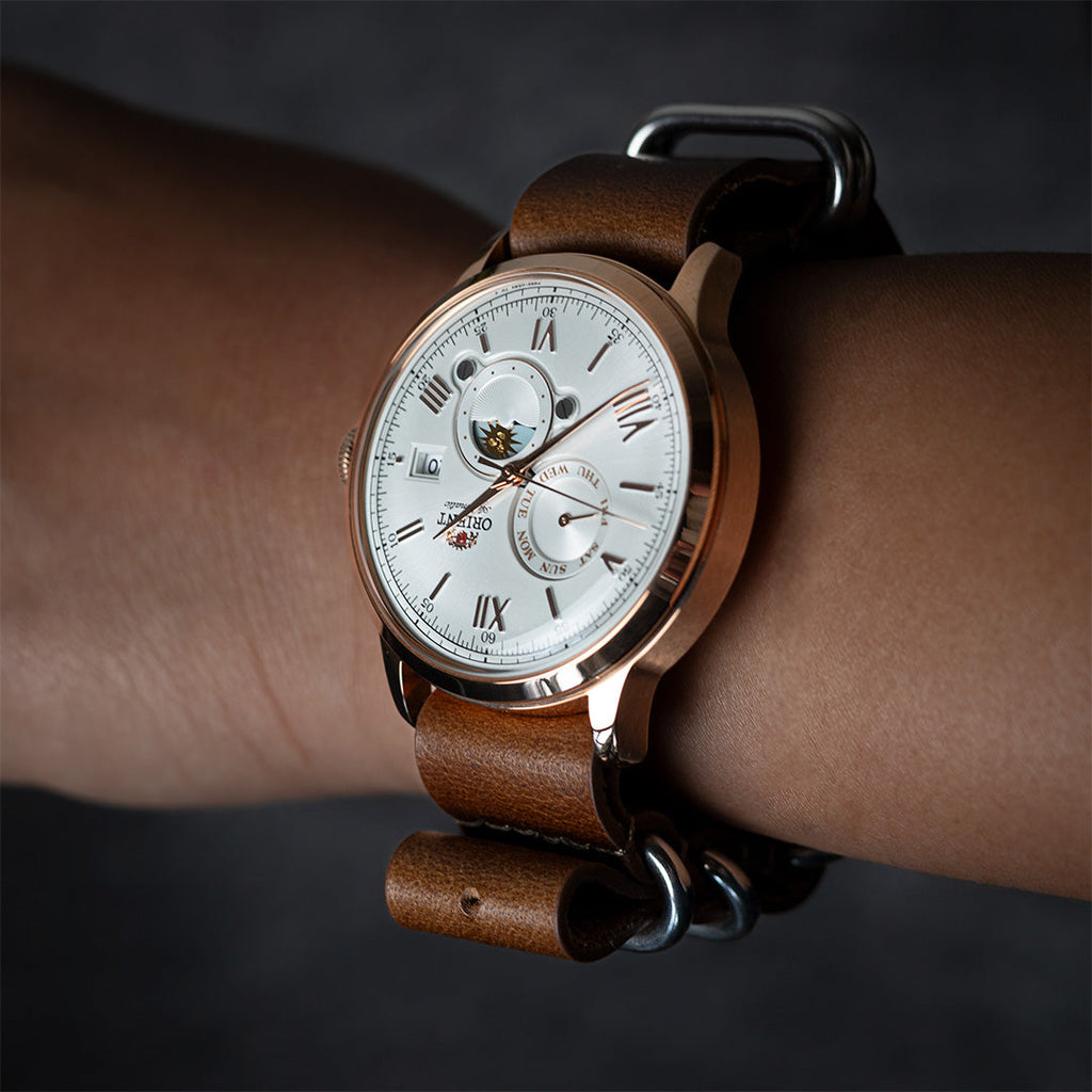 time+ 5-ring Oil Leather Military Watch Strap Brown