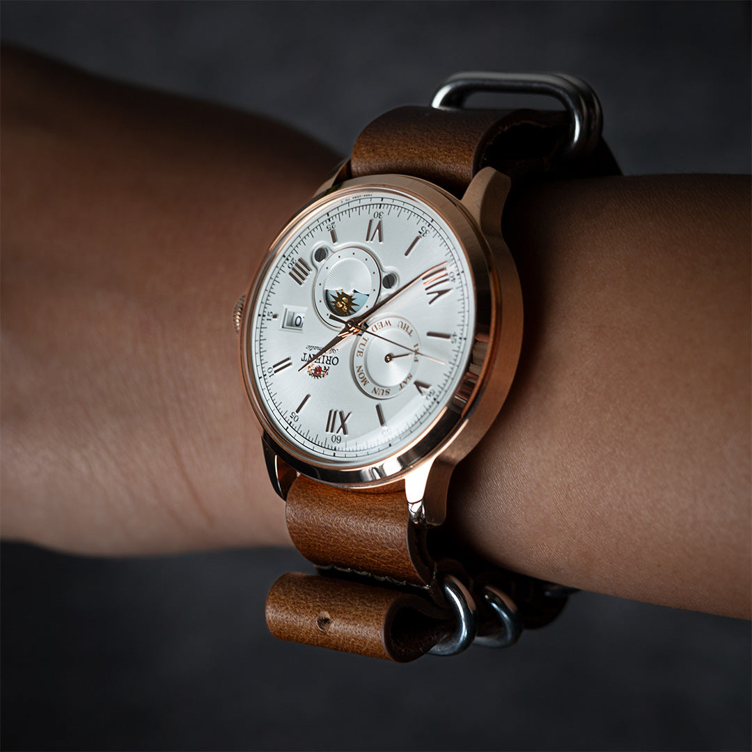time+ 5-ring Oil Leather Military Watch Strap Brown