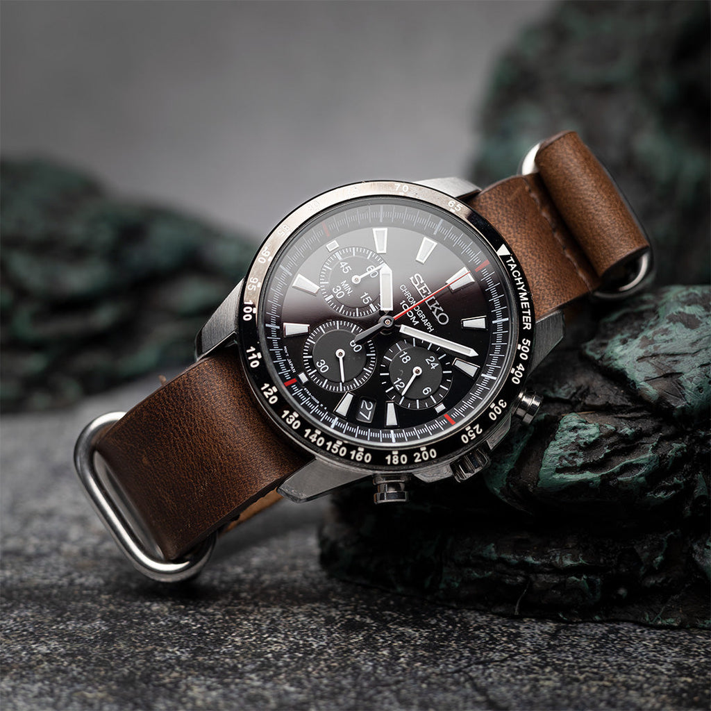 time+ 5-ring Oil Leather Military Watch Strap Brown