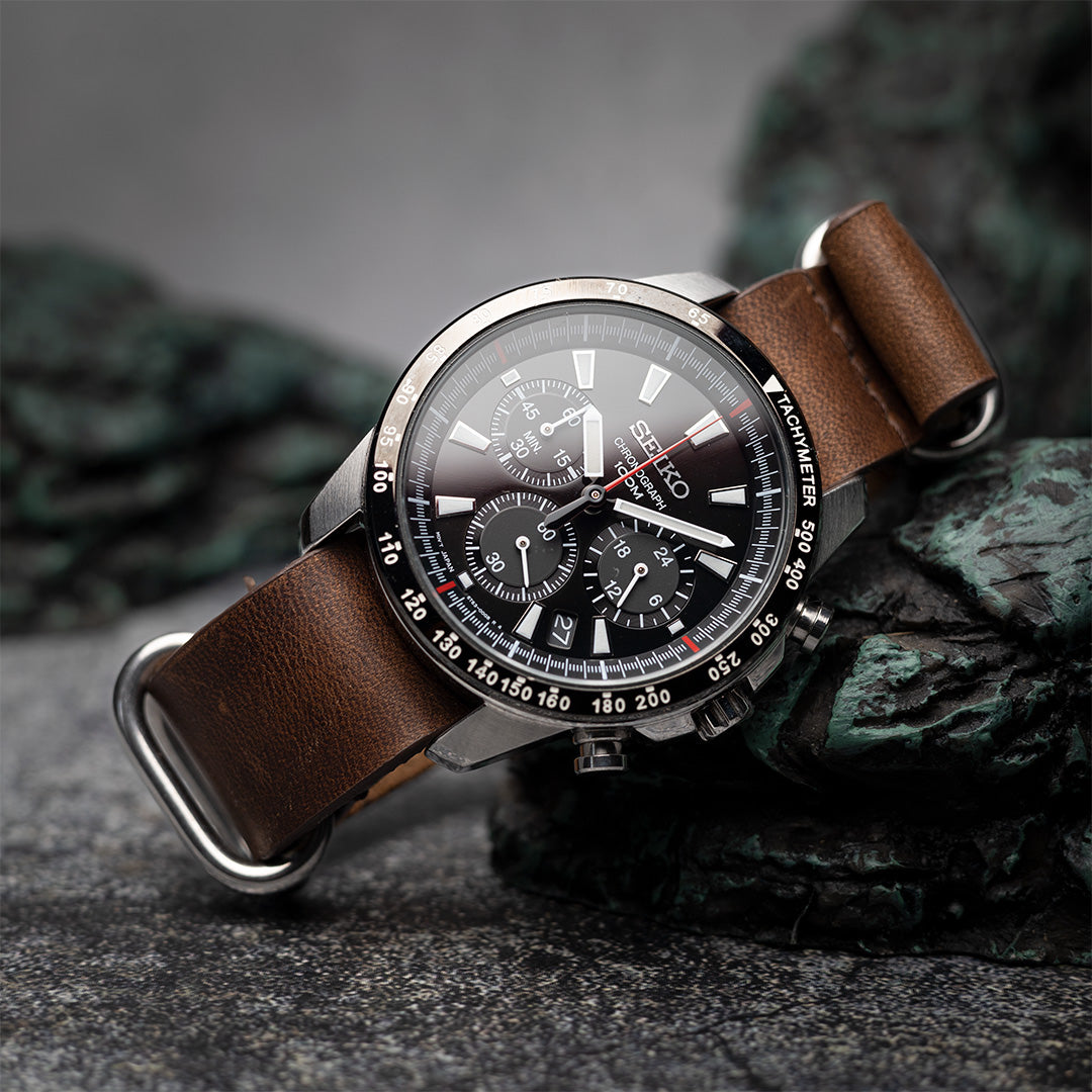 time+ 5-ring Oil Leather Military Watch Strap Brown