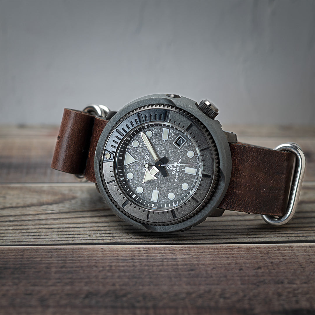 time+ 5-ring Oil Leather Military Watch Strap Dark Brown