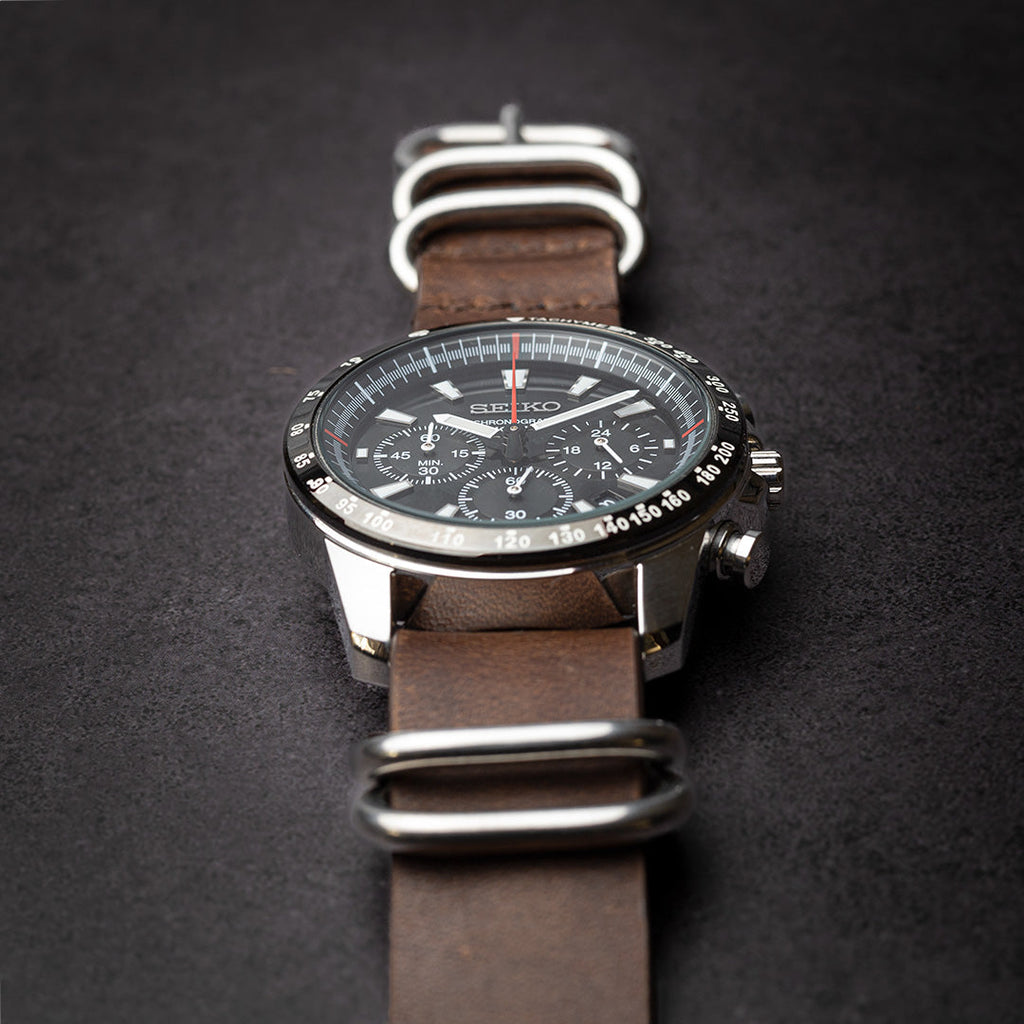 time+ 5-ring Oil Leather Military Watch Strap Brown