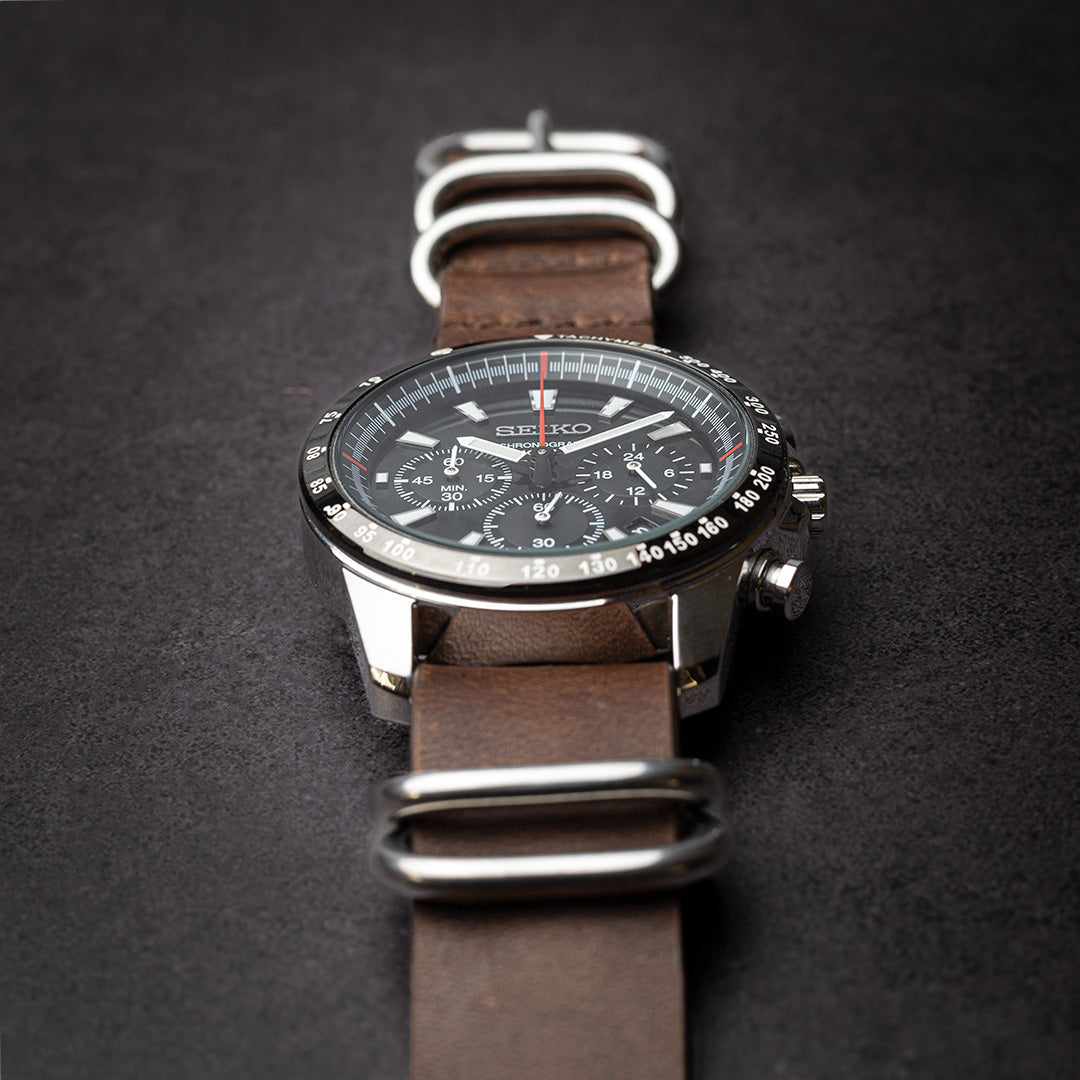 time+ 5-ring Oil Leather Military Watch Strap Brown