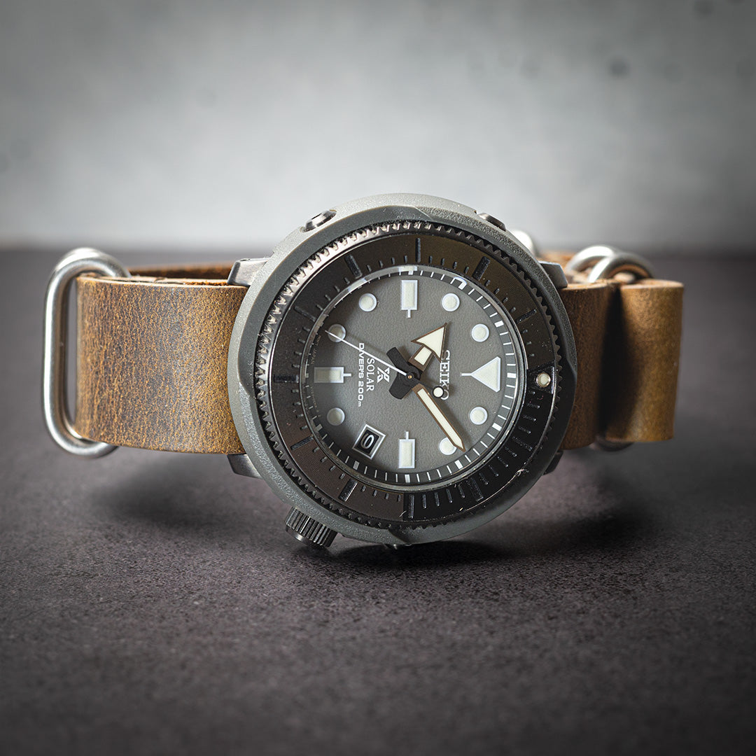 time+ 5-ring Distressed Leather Military Watch Strap Vintage Brown