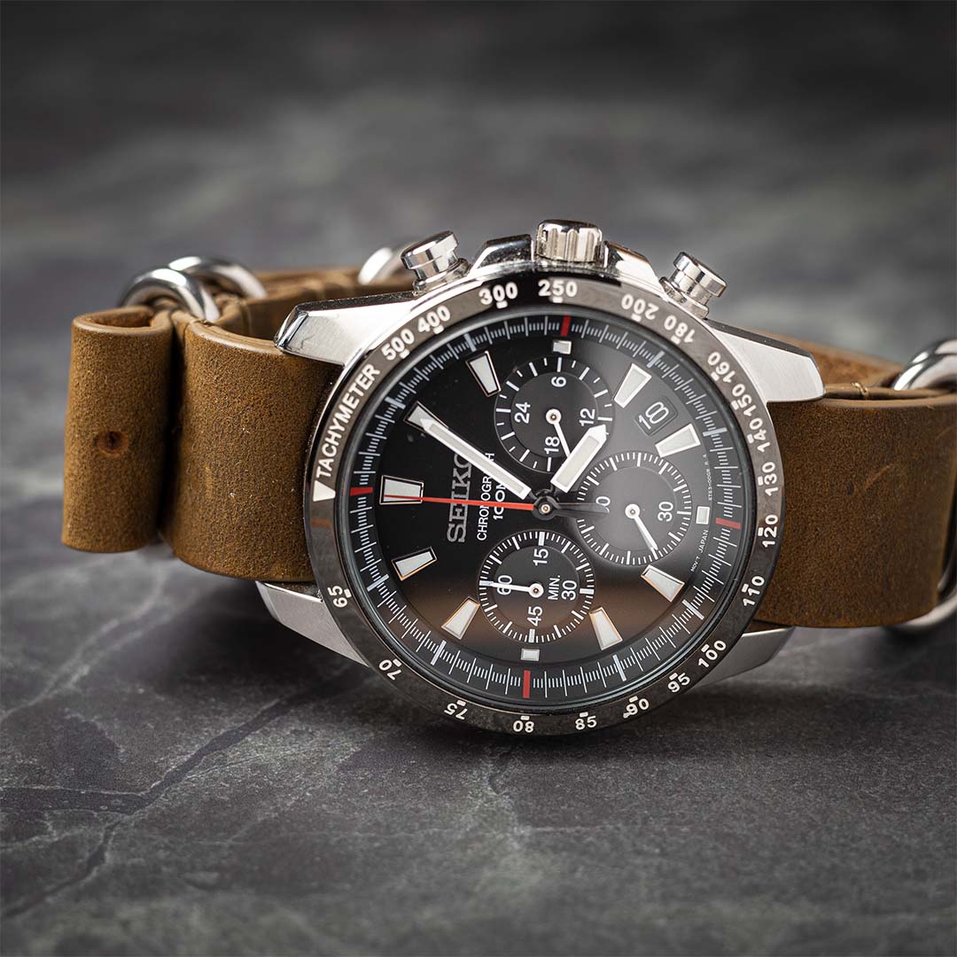 time+ 5-ring Distressed Leather Military Watch Strap Vintage Brown
