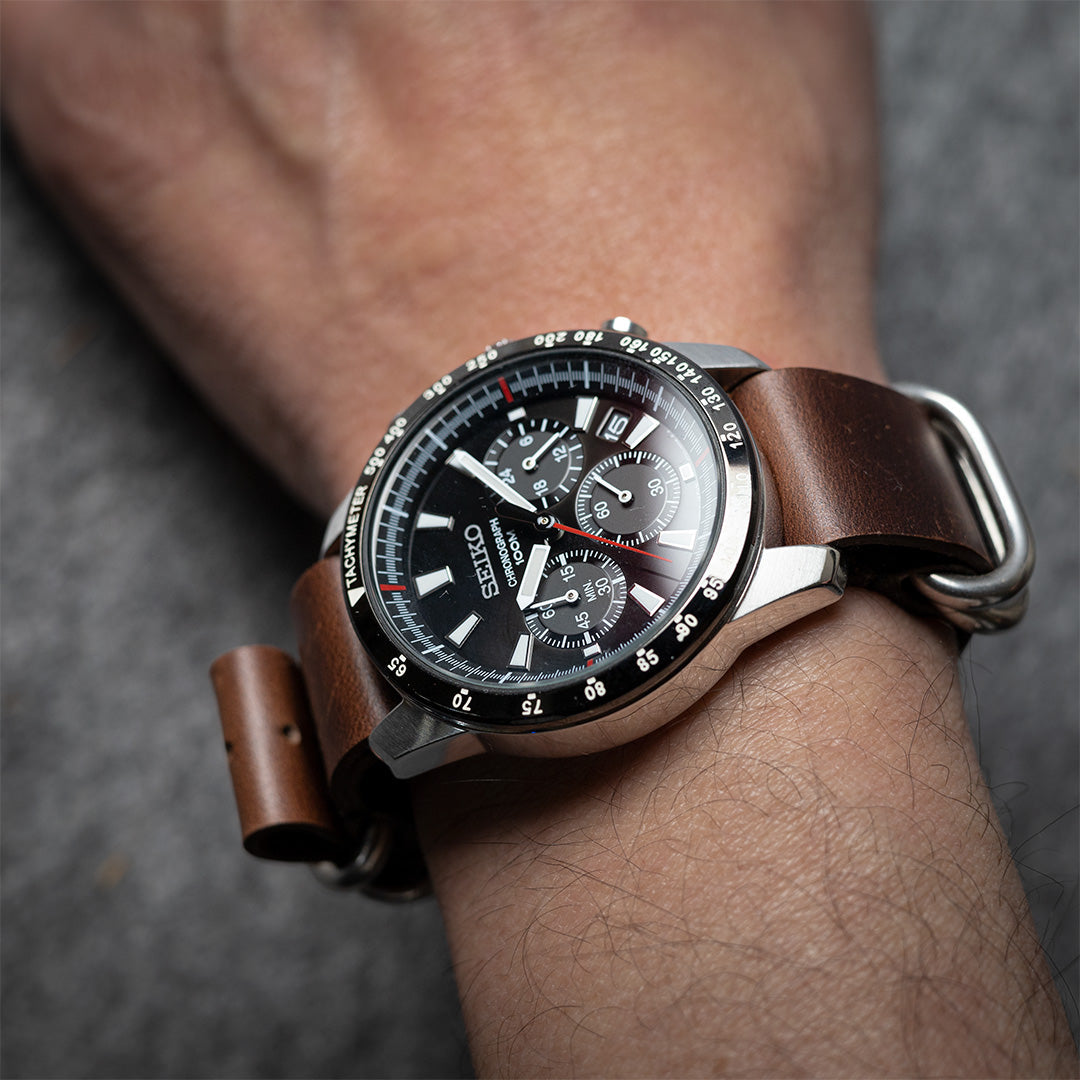 time+ 5-ring Oil Leather Military Watch Strap Dark Brown