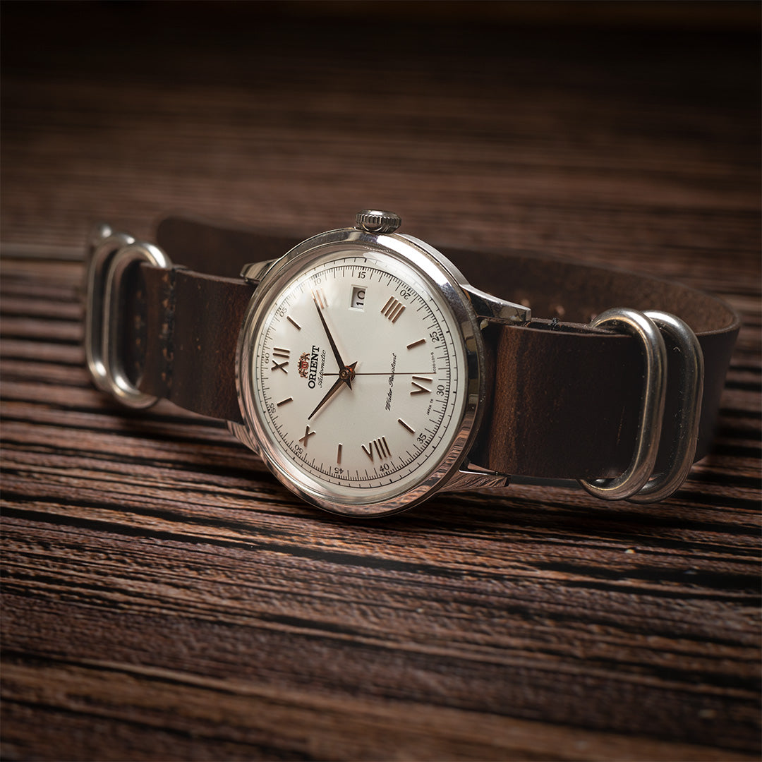 time+ 5-ring Oil Leather Military Watch Strap Dark Brown